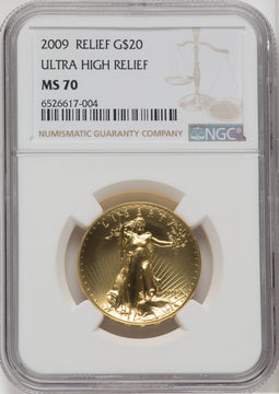 2009 $20 One-Ounce Gold Ultra High Relief Twenty Dollar Brown Label NGC MS70