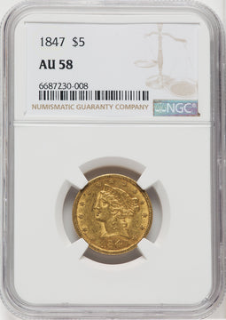 1847 $5 Liberty Half Eagle NGC AU58