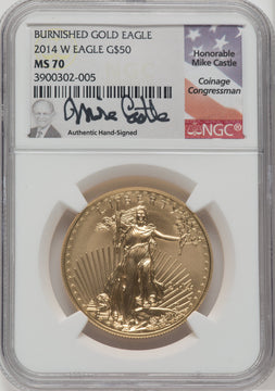 2014-W $50 One-Ounce Gold Eagle Mike Castle Signature NGC MS70