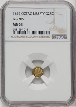 1859 Liberty Octagonal 25 Cents BG-705 High R.6 California Fractional Gold NGC MS63
