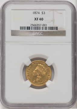 1874 $3 Three Dollar Gold Pieces NGC XF40