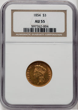 1854 $3 Three Dollar Gold Pieces NGC AU55