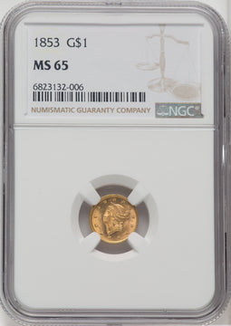 1853 G$1 Gold Dollar NGC MS65