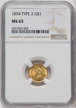 1854 G$1 Type Two Gold Dollar NGC MS65