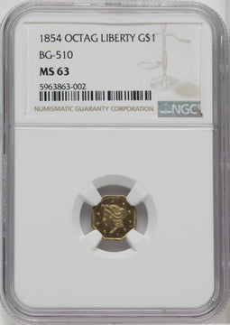 1854 Liberty Octagonal 1 Dollar BG-510 Low R.5 California Fractional Gold NGC MS63