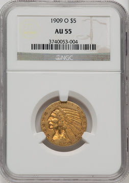 1909-O $5 Indian Half Eagle NGC AU55