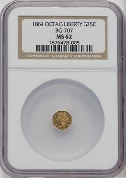 1864 Liberty Octagonal 25 Cents BG-707 High R.7 California Fractional Gold NGC MS62