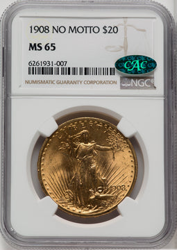 1908 $20 NO MOTTO CAC Saint-Gaudens Double Eagle NGC MS65