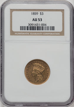 1859 $3 Three Dollar Gold Pieces NGC AU53