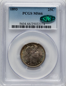 1893 25C CAC Barber Quarter PCGS MS66