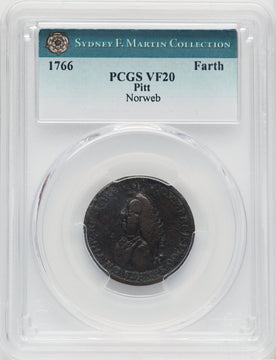 1766 Pitt Farthing BN Colonials PCGS VF20