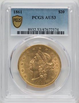 1861 $20 Liberty Double Eagle PCGS AU53