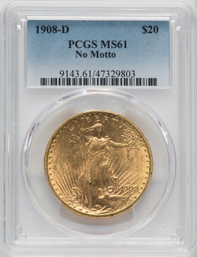 1908-D $20 NO MOTTO Saint-Gaudens Double Eagle PCGS MS61