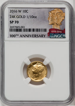 2016-W 10C Mercury Dime Tenth-Ounce Gold 100th Anniversary Modern Commemoratives NGC MS70