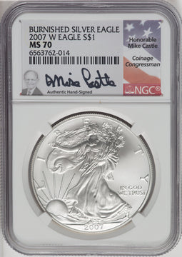 2007-W S$1 Silver Eagle Burnished Mike Castle Signature NGC MS70