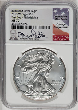 2018-W S$1 Silver Eagle Burnished First Day of Issue Philadelphia NGC MS70