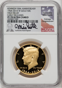 2014-W 50C Kennedy Gold 50th Anniversary First Strike Mike Castle Signature Proof Kennedy Half Dollar NGC PR70