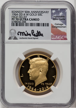 2014-W 50C Kennedy Gold 50th Anniversary Mike Castle Signature Proof Kennedy Half Dollar NGC PR70