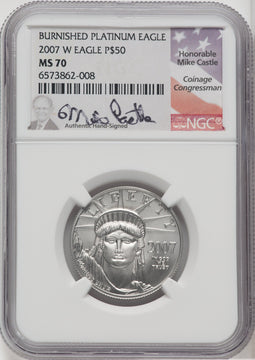 2007-W $50 Half-Ounce Platinum Eagle Burnished Mike Castle Signature NGC MS70