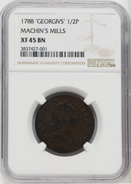 1788 Machin's Mills Halfpenny BN Colonials NGC XF45