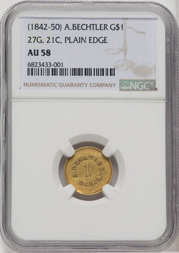 1842-52 A. Bechtler Dollar 27G. 21C. Plain Edge Territorial Gold NGC AU58