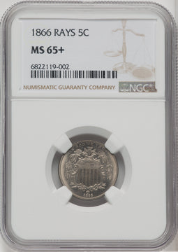 1866 5C RAYS Shield Nickel NGC MS65+
