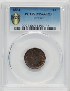 1864 Bronze No L RB Indian Cent PCGS MS66