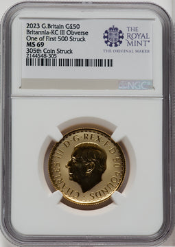 2023 G.B. G$50 BRITTANIA-KC III OBVERSE 305TH COIN STRUCK Royal Succession NGC MS69