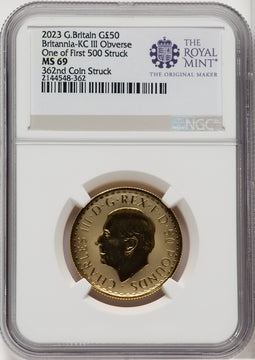 2023 G.B. G$50 BRITTANIA-KC III OBVERSE 362ND COIN STRUCK Royal Succession NGC MS69
