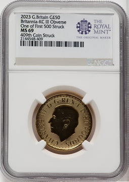 2023 G.B. G$50 BRITTANIA-KC III OBVERSE 409TH COIN STRUCK Royal Succession NGC MS69