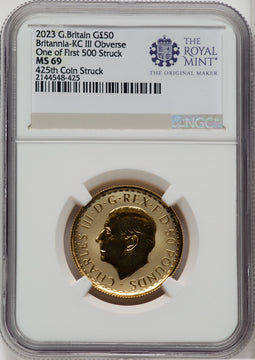 2023 G.B. G$50 BRITTANIA-KC III OBVERSE 425TH COIN STRUCK Royal Succession NGC MS69