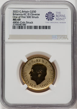 2023 G.B. G$50 BRITTANIA-KC III OBVERSE 480TH COIN STRUCK Royal Succession NGC MS69