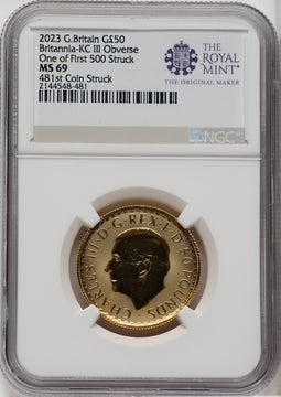 2023 G.B. G$50 BRITTANIA-KC III OBVERSE 481ST COIN STRUCK Royal Succession NGC MS69