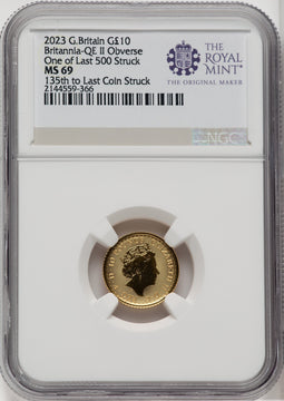 2023 G.B. G$10 BRITANNIA-QE II OBVERSE 135TH TO LAST COIN STRUCK Royal Succession NGC MS69