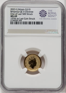 2023 G.B. G$10 BRITANNIA-QE II OBVERSE 157TH TO LAST COIN STRUCK Royal Succession NGC MS69