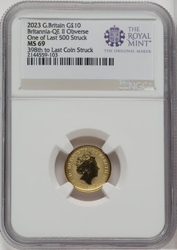 2023 G.B. G$10 BRITANNIA-QE II OBVERSE 398TH TO LAST COIN STRUCK Royal Succession NGC MS69