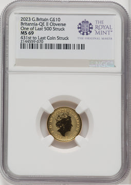 2023 G.B. G$10 BRITANNIA-QE II OBVERSE 431ST TO LAST COIN STRUCK Royal Succession NGC MS69