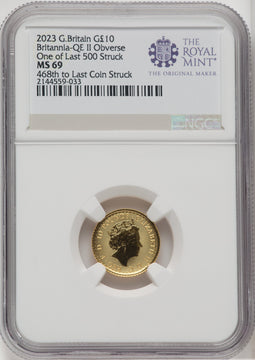 2023 G.B. G$10 BRITANNIA-QE II OBVERSE 468TH TO LAST COIN STRUCK Royal Succession NGC MS69