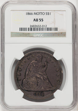 1866 S$1 Motto Seated Dollar NGC AU55