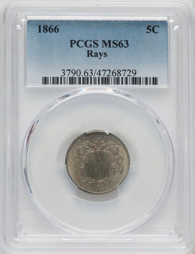 1866 5C RAYS Shield Nickel PCGS MS63