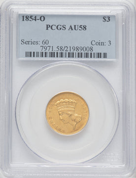 1854-O $3 Three Dollar Gold Pieces PCGS AU58