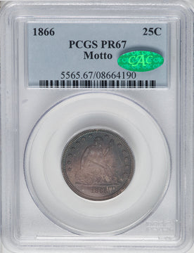 1866 Motto CAC Proof Seated Quarter PCGS PR67