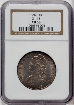 1836 50C O-118 Bust Half Dollar NGC AU58
