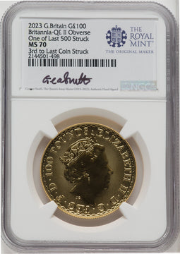 2023 G.B. G100 BRITANNIA-QE II OBVERSE 3RD TO LAST COIN STRUCK Royal Succession NGC MS70