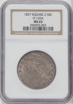 1827 50C Square Base 2 O-120a Bust Half Dollar NGC MS65