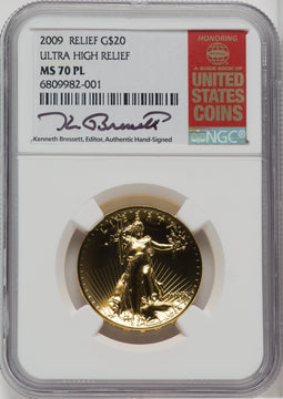 2009 $20 One-Ounce Gold Ultra High Relief PL Kenneth Bressett NGC MS70