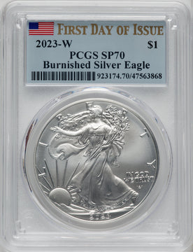 2023-W S$1 Silver Eagle Burnished First Day of Issue PCGS SP70