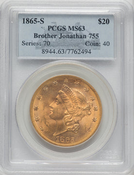 1865-S $20 Liberty Double Eagle PCGS MS63