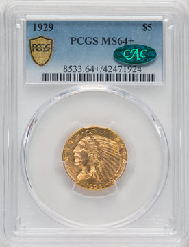 1929 $5 CAC Indian Half Eagle PCGS MS64+