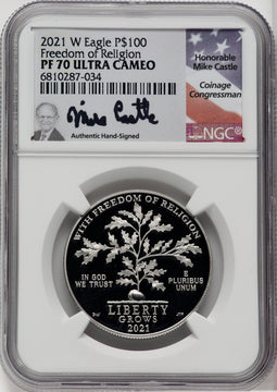 2021-W $100 One-Ounce Platinum Eagle Freedom of Religion Mike Castle NGC PF70